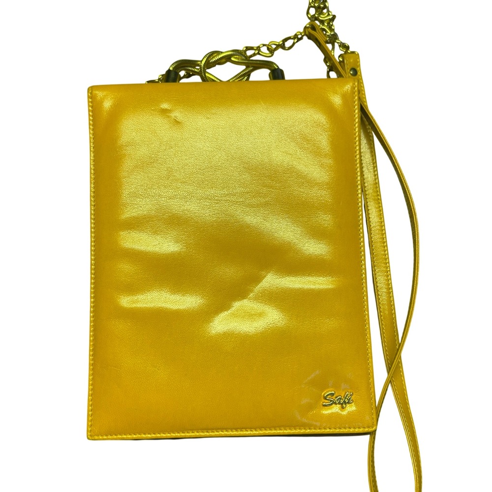 RARE‎ Vtg 80s SAFI Leather crossbody Book Bag Mustard Gold Knot Canada purse